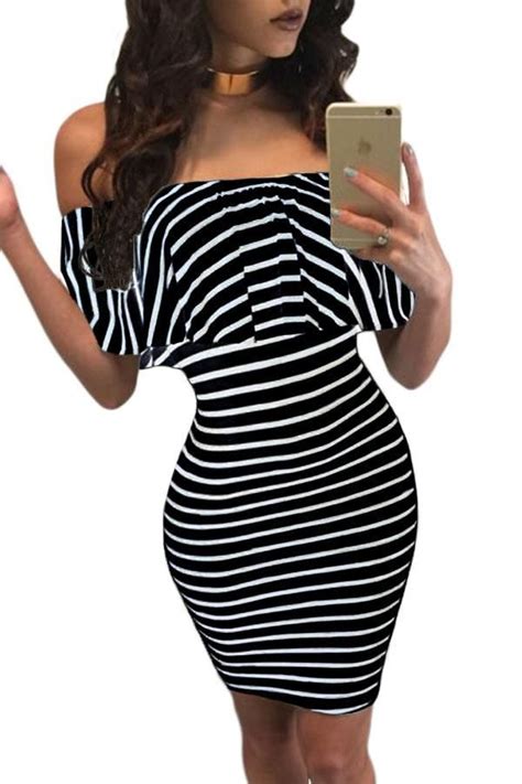 black and white striped off the shoulder dress 95 polyester and 5 spandex striped