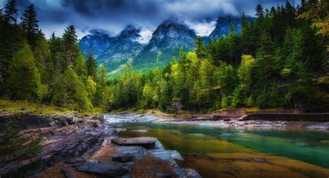 Mountains Clouds Forest River Trees Spring Green Nature