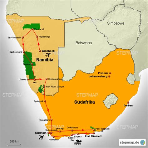 An den stränden können sich die urlauber bei den namibia reisen in die fluten des ozeans stürzen. StepMap - Urlaub Namibia/Südafrika - Landkarte für Namibia