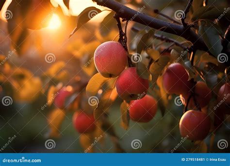 Ripe Red Apples Hang On A Tree Branch Sunset Light Stock Image Image