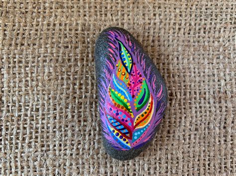 Colorful Painted Feather Painted Rock Painted Stone Etsy Feather