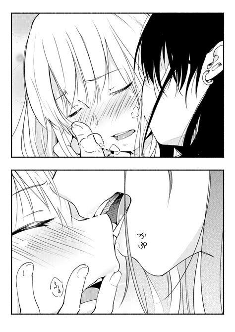 yui 7 original commentary request highres 2girls biting blush close up closed eyes ear