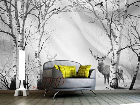 Birch Tree Forest In Winter Mural Peel And Stick Wallpaper Etsy