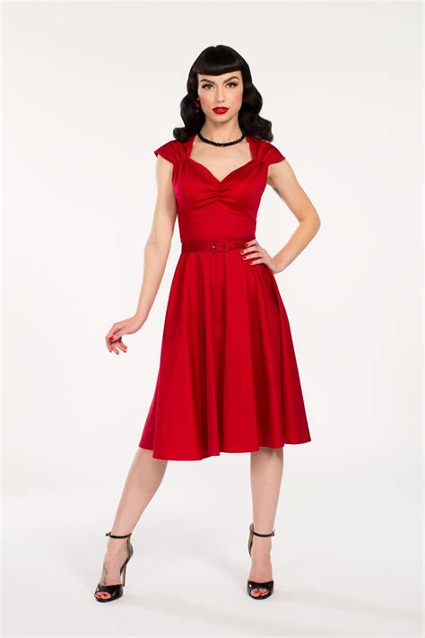 Heidi Retro Dress In Red Sateen Pinup Couture Vintage Fashion Dresses