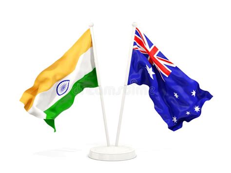 Two Waving Flags Of India And Australia Isolated On White Stock