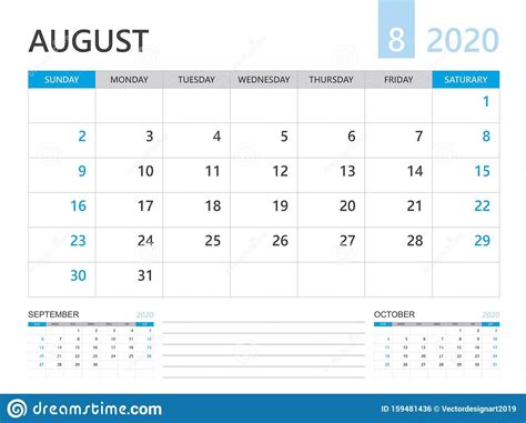 Calendar 2020 Template August 2020 Year Desk Calendar 2020 Layout