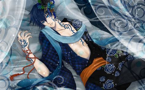 Wallpaper Anime Bed Tattoo Blue Vocaloid Kimono