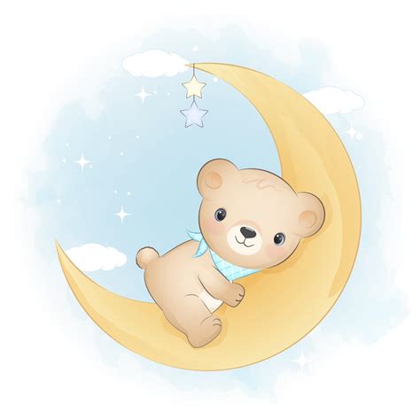 Cute Teddy Bear On The Crescent Moon Animal Watercolor Illustration