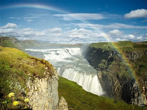 4k Gullfoss Waterfall Iceland Waterfalls Sky Scenery Rainbow