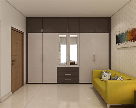 Contemporary Beige And Brown Wardrobe Design With Mirror Livspace