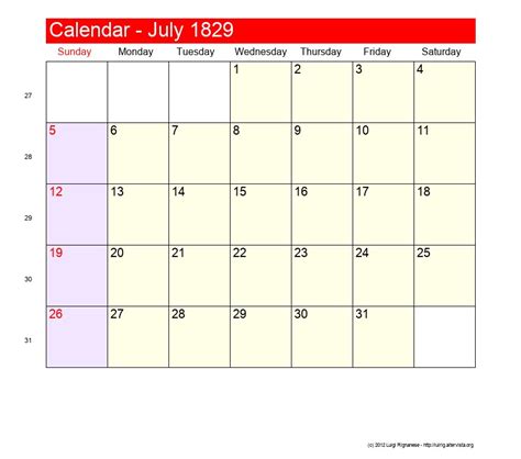 July 1829 Roman Catholic Saints Calendar