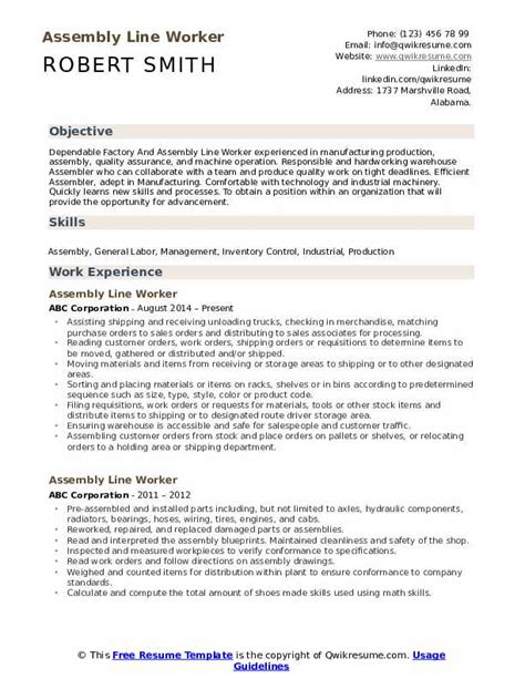 Assembly Line Worker Resume Samples Qwikresume