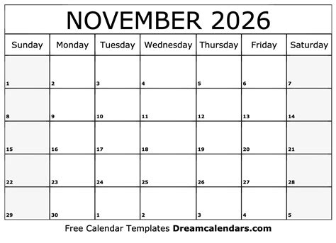 November 2026 Calendar Free Printable With Holidays And Observances