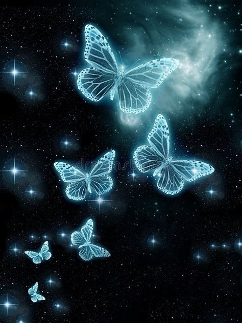 Beautiful Glowing Butterflies In Blue Color Over Black Starry Sky Stock