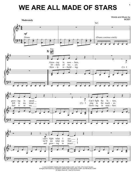 We Are All Made Of Stars Sheet Music Moby Piano Vocal And Guitar