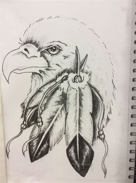 native american style eagle with feathers and beads pencil drawing with dark shading an