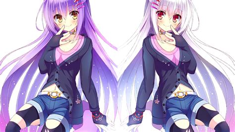 Original Characters Purple Hair Long Hair Twins Two Women Smiling