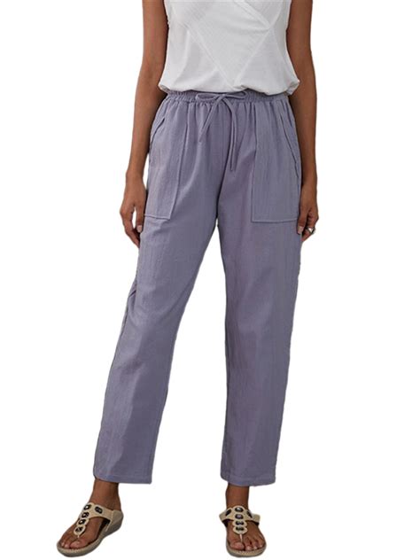 Womens Casual Pocket Lounge Trousers Cotton And Linen Elastic Waist
