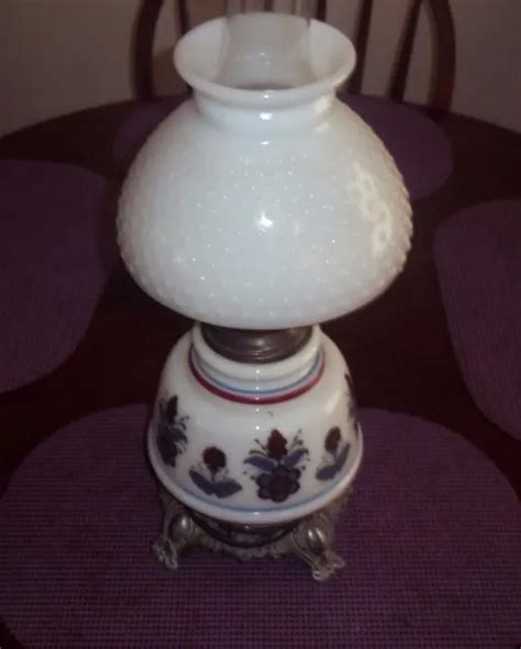 VINTAGE WHITE MILK Glass Hobnail Shade Hurricane Table Lamp Electric 20