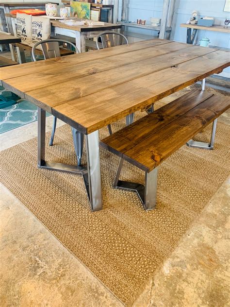 Industrial Farmhouse Table With Bench And Metal Chairs Rustic Steel