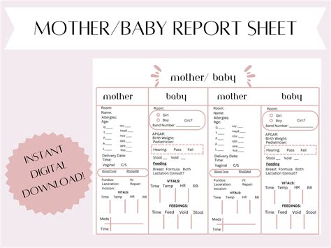 Mother Baby Report Sheet Postpartum Report Sheet Mother Etsy