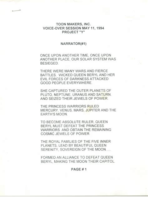 Click on the blue squares below to view a script, scroll down to load more or if you have a particular script type in mind select a category from above. Toon Makers' Sailor Moon voice-over session script page 1 ...