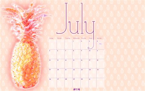 July Printable Calendar Pineapple Papier Bonbon