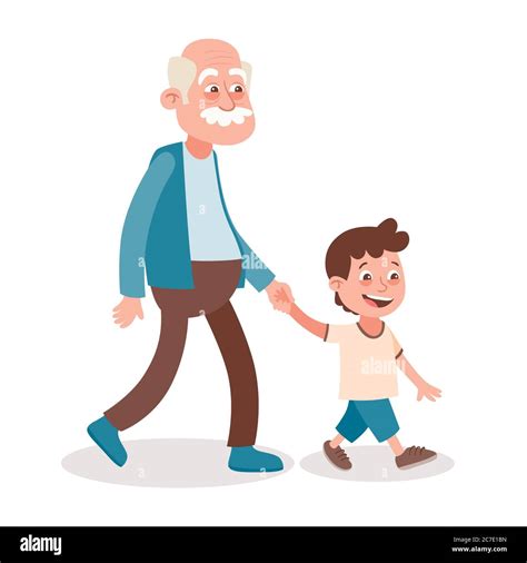 Abuelo Y Nieto Caminando Lo Toma De La Mano Estilo De Dibujos