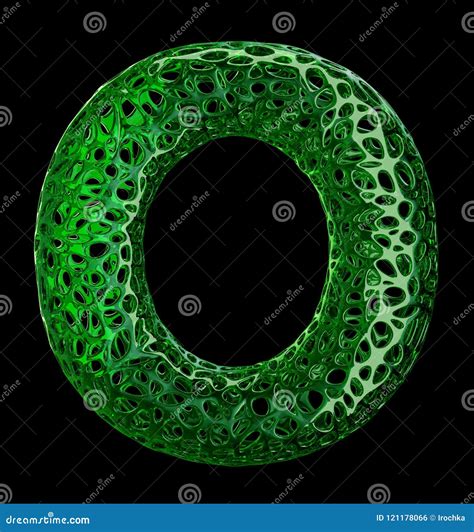 Letter O Made Of Green Plastic With Abstract Holes Isolated On Black