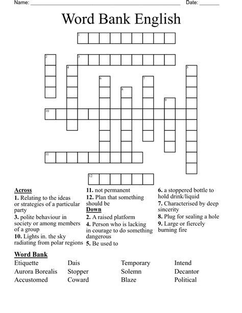 Crossword Puzzles Printable With Word Bank