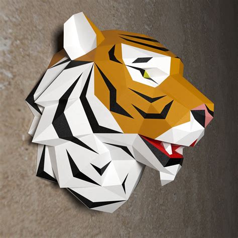 Tiger Trophy Low Poly Papercraft Diy Template Pattern New Year Etsy