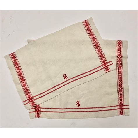 1950s Vintage Belgian Flax Linen Monogrammed Red And White Towels A