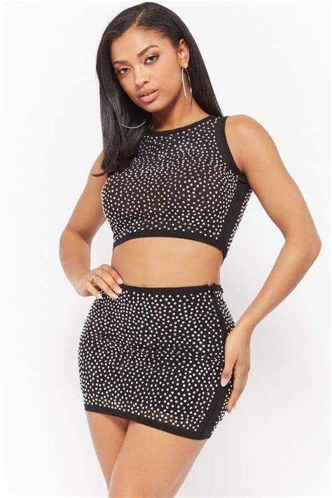 Forever Studded Crop Top Mini Skirt Set Mini Skirts Fashion