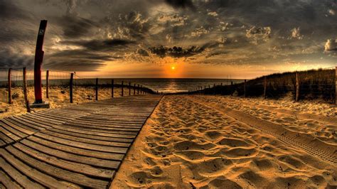 1920x1080 Resolution Sand And Pathway To Sea Under Cloudy Sunset 1080p