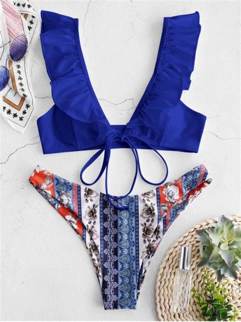 26 Off 2021 Zaful Printed Ruffle Tie Front Bikini Set In Cobalt Blue