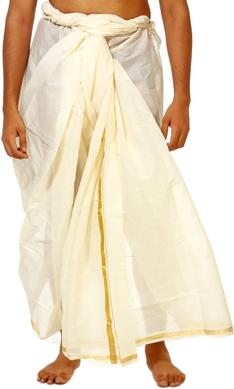 Cream Dhoti From Kerala With Golden Thread Weave On Border