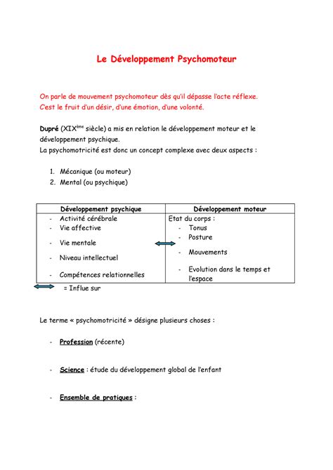 Psychomotricite Notes De Cours 1 Le Psychomoteur On Parle De Mouvement Psychomoteur Le Fruit