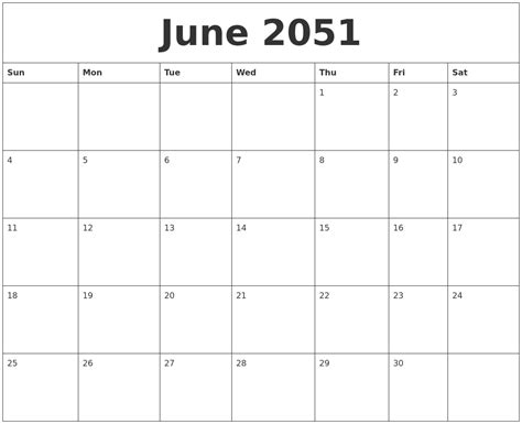 June 2051 Free Printable Blank Calendar