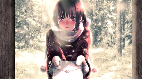 Wallpaper Anime Girls Short Hair Brunette Looking At Viewer Snow