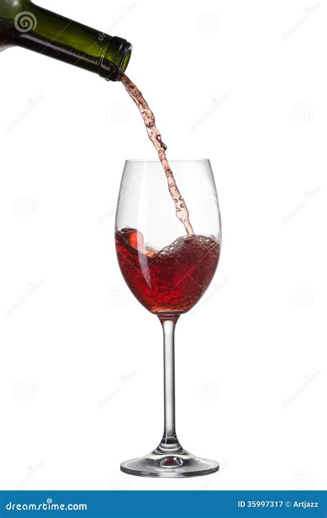 Red Wine Pouring Into Glass With Splash Isolated On White Stock Image