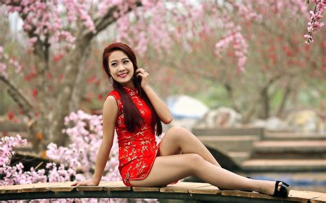 Wallpaper Women Redhead Model Asian Sitting High Heels Dress Smiling Fashion Spring