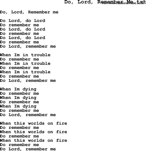 Negro Spiritualslave Song Lyrics For Do Lord Remember Me