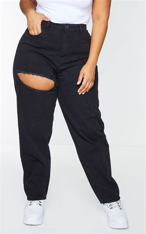 Plus Black Washed Thigh Ripped Mom Jeans Prettylittlething Usa