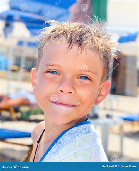 Smiley Seven Years Old Boy On The Beach Stock Photo Image Of Cheerful
