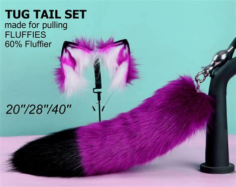 purple black fluffy tug tail plug and ear set fluffy fox tail butt plug and ear set wolf tail