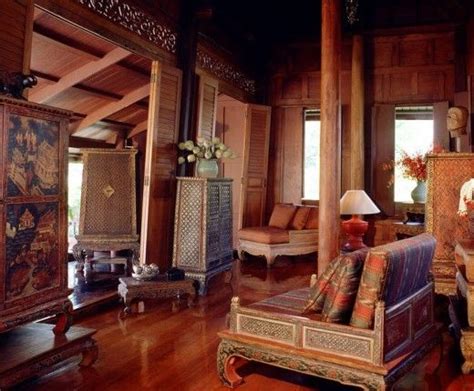 Traditional Thai House With Old Manuscript Cabinet Table And Silk