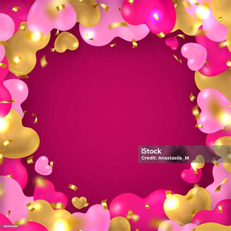 Golden And Pink Glossy 3d Hearts Festive Background Stock Illustration