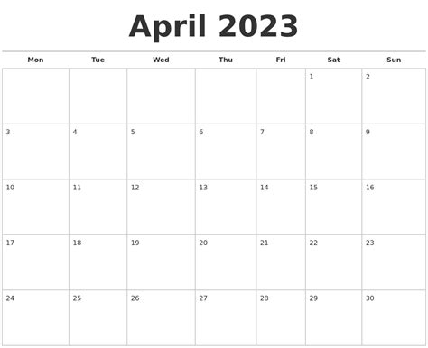 April 2023 Blank Calendar Template Printable Word Searches