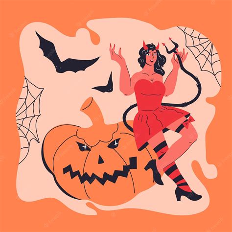 Premium Vector Halloween Card Or Poster Template With Sexy Devil Girl