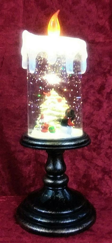 Christmas Pedestal Flicker Candle Glitter Globe Wsnowman And Tree